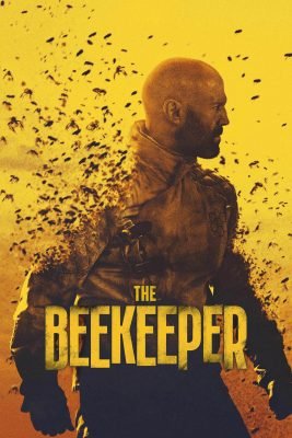 Dramatic movie poster of a figure surrounded by a swarm of bees against a yellow backdrop, titled 'The Beekeeper', representing the thrilling narratives available on Oneclicktv's 4K IPTV service.